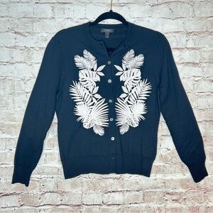 J Crew Jackie Palm Embroidered Cardigan Black White Size M